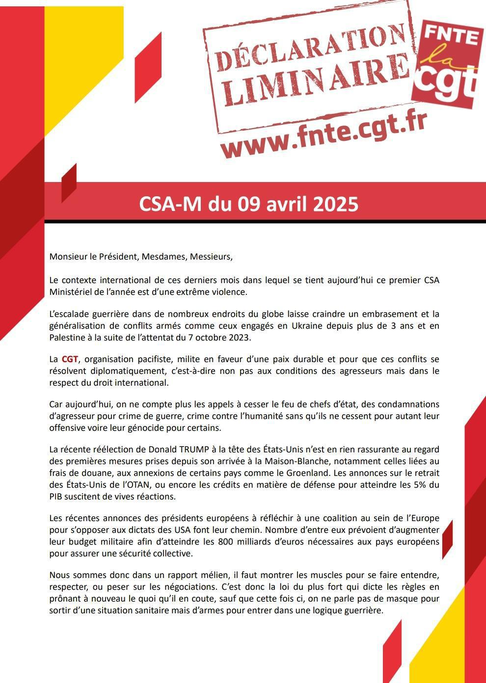 Déclaration luminaire du CSA-M du 9 Avril 2025
