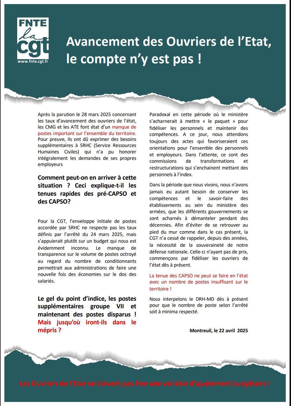 Avancement Ouvriers de l'État, le compte n'y est pas ! 
