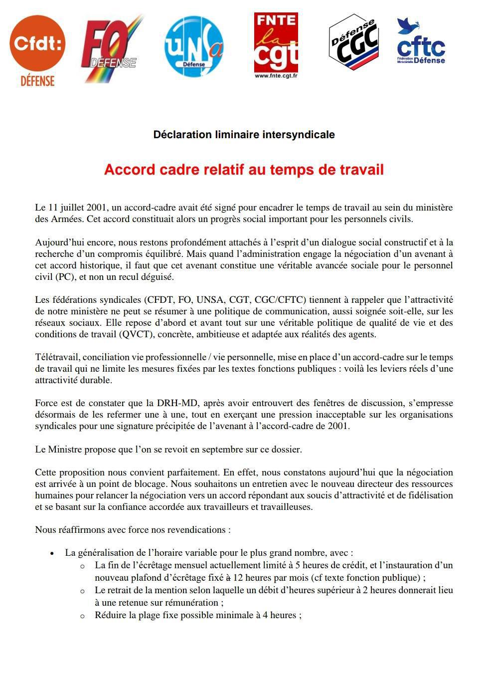 Déclaration liminaire de l'intersyndicale, concernant l'Accord Cadre relatif au Temps de Travail.