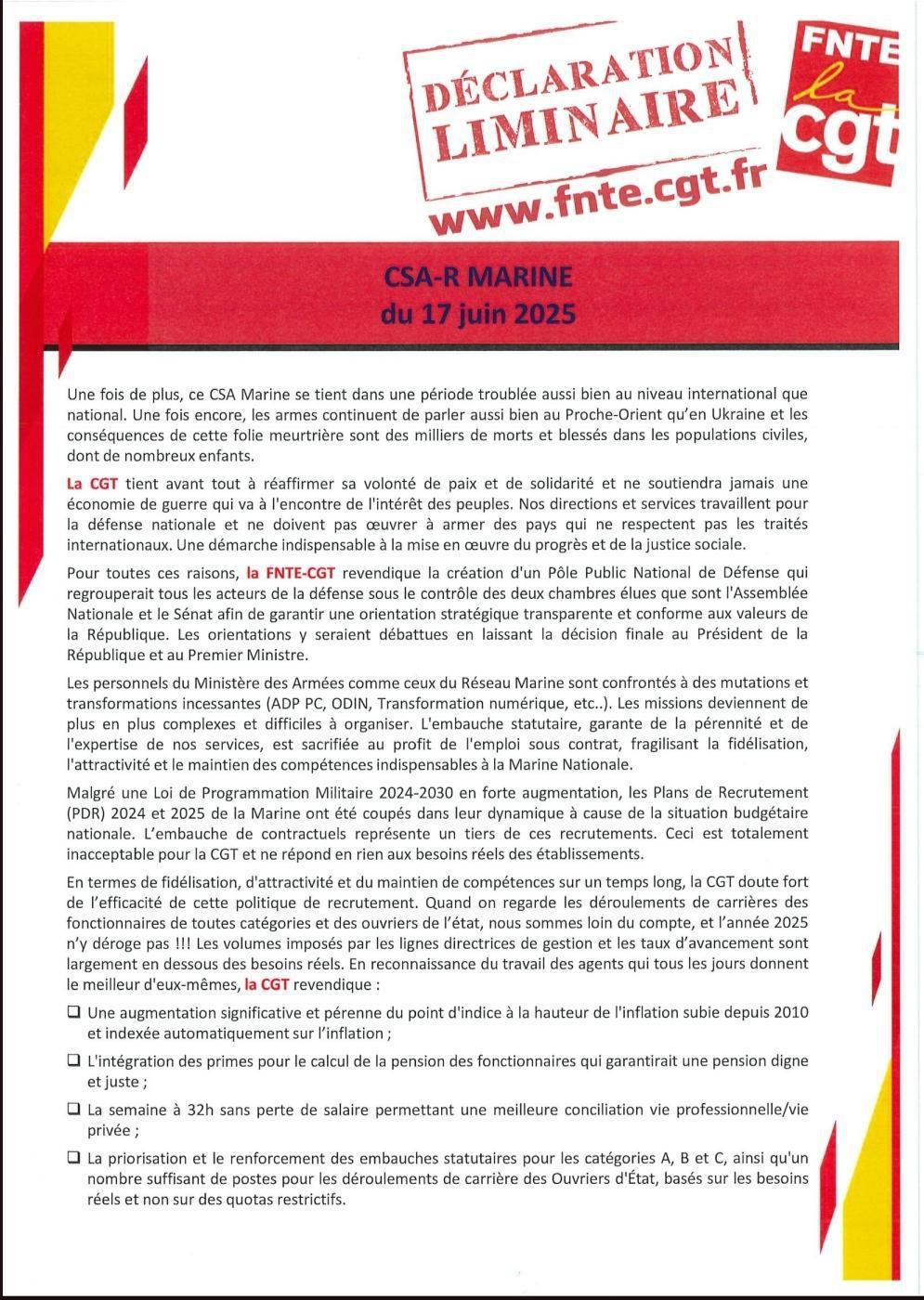 Déclaration liminaire CSA-R MARINE du 17 Juin 2025