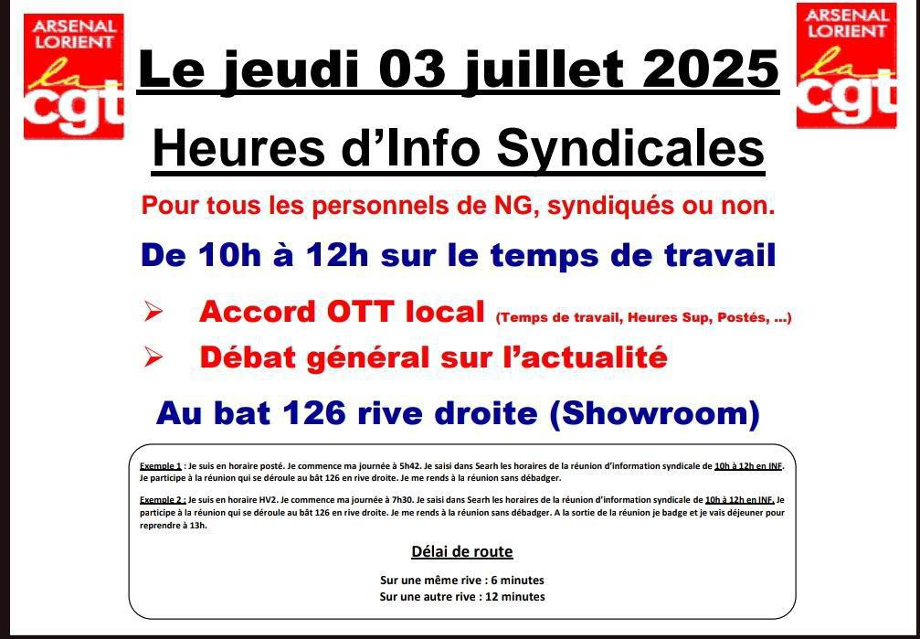 📢Jeudi 03 Juillet 2025📢 : Heures d'Information Syndicale