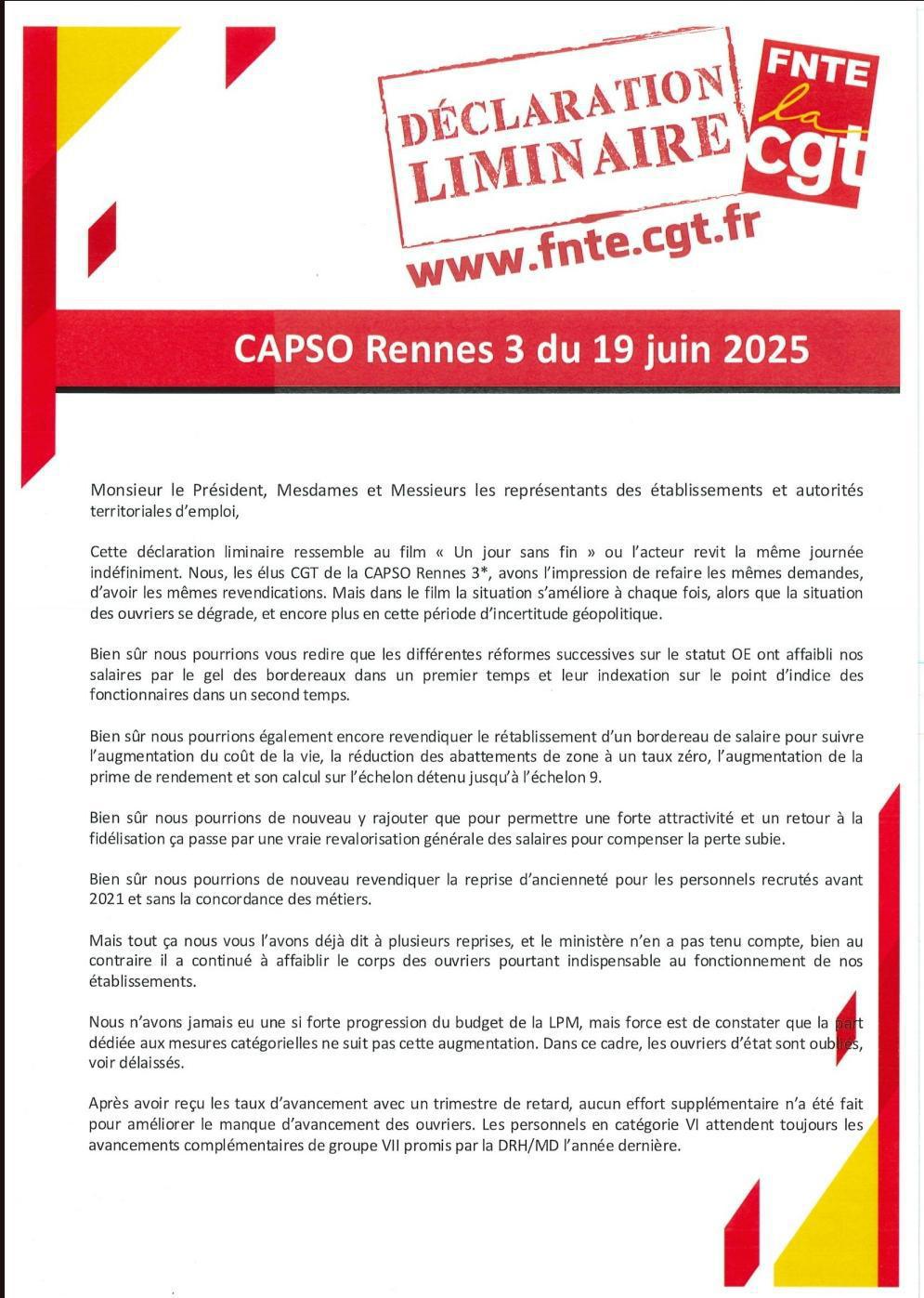 Déclaration Liminaire CAPSO Rennes 3 du 19 Juin 2025