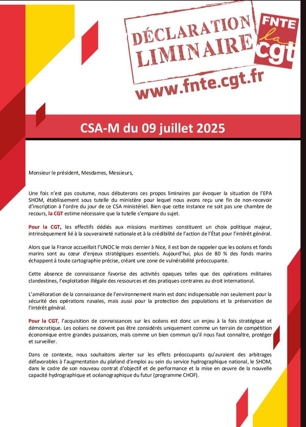 Déclaration Liminaire CSA-M du 09 Juillet 2025