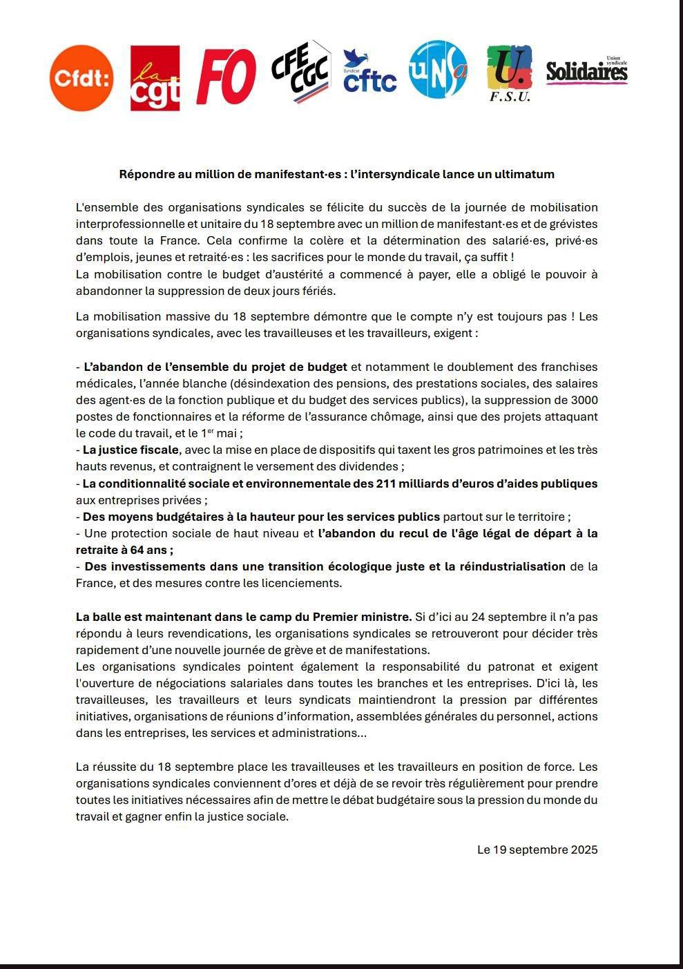L'intersyndicale lance un ultimatum