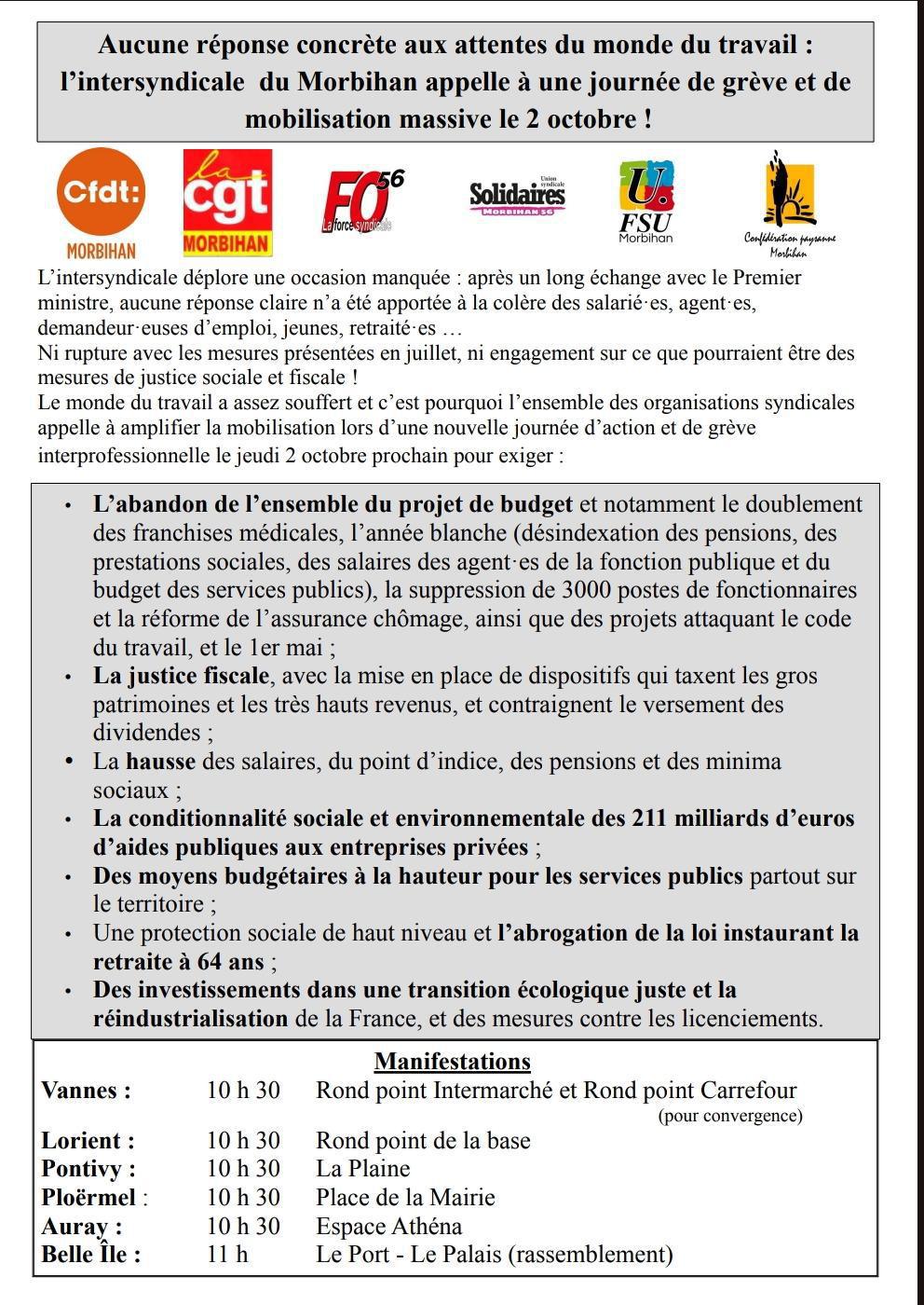 📢Aucune réponse concrète aux attentes du monde du travail : tous en grève le 2 octobre📢.