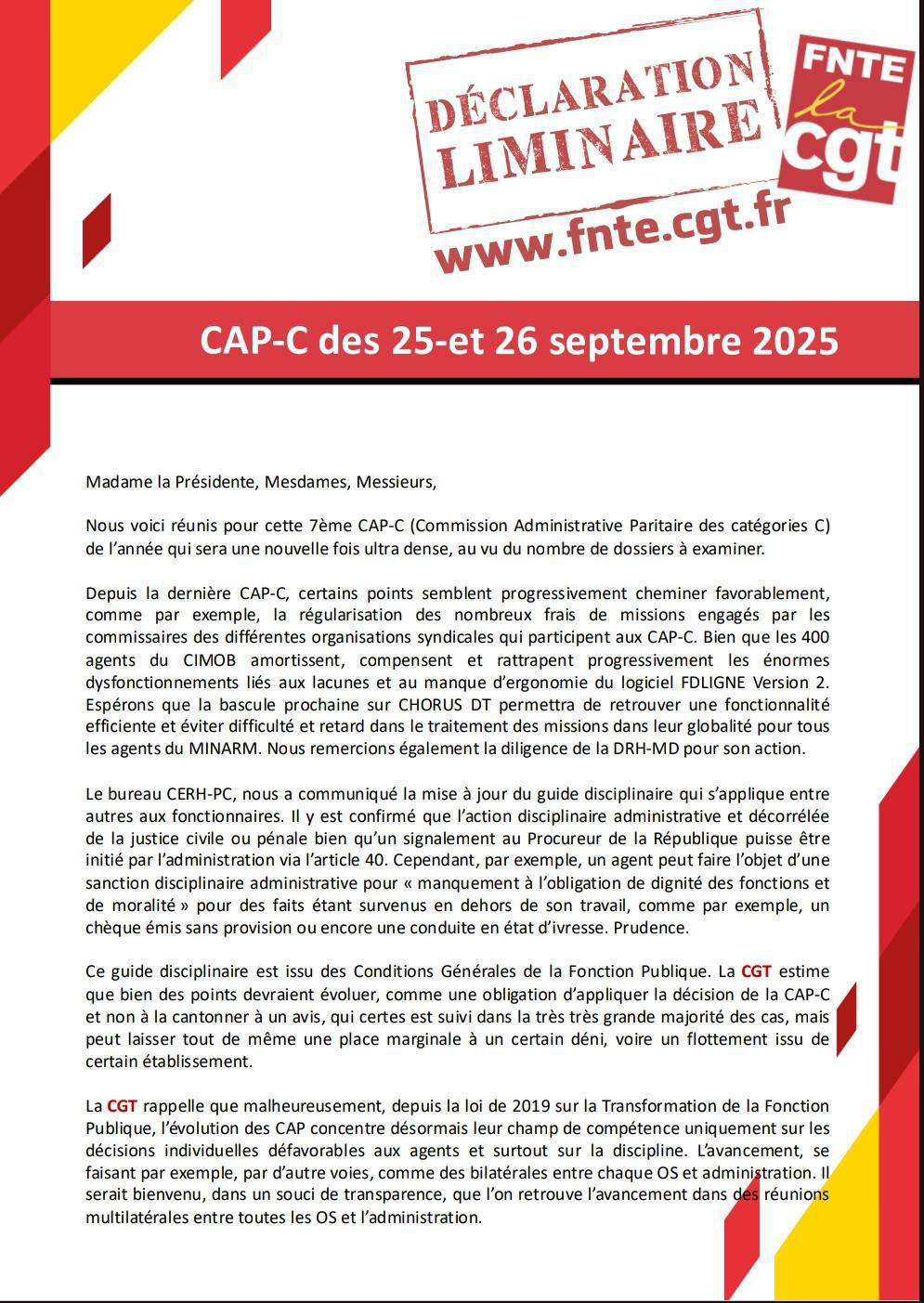 Déclaration Liminaire CAP-C des 25 et 26 Septembre 2025
