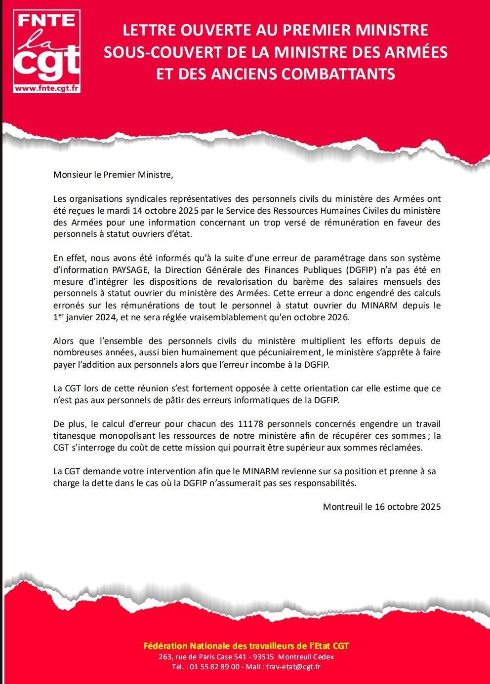 Lettre ouverte au premier ministre sous-couvert de la ministre des armées et des anciens combattants