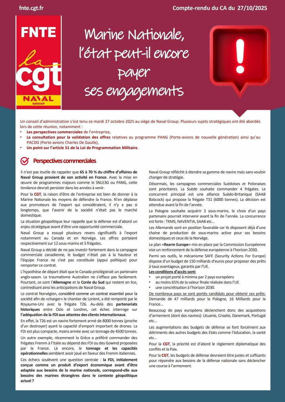 Marine Nationale, l'État peut-il encore payer ses engagements? Compte rendu du Conseil d'Administration 