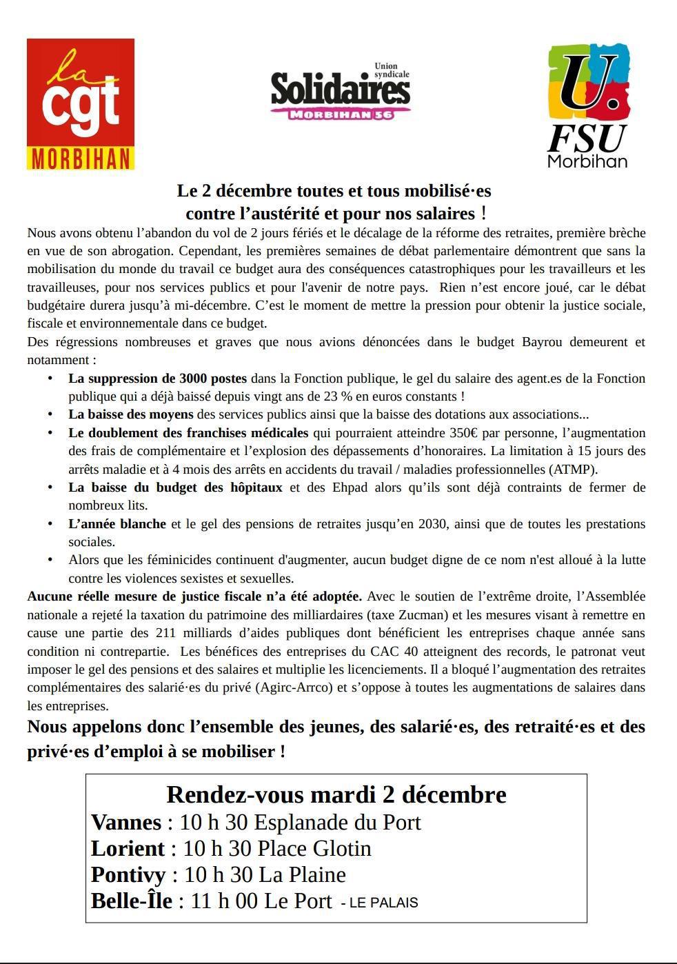 📢Le 2 décembre toutes tous mobilisés contre l'austérité et pour nos salaires !📢 