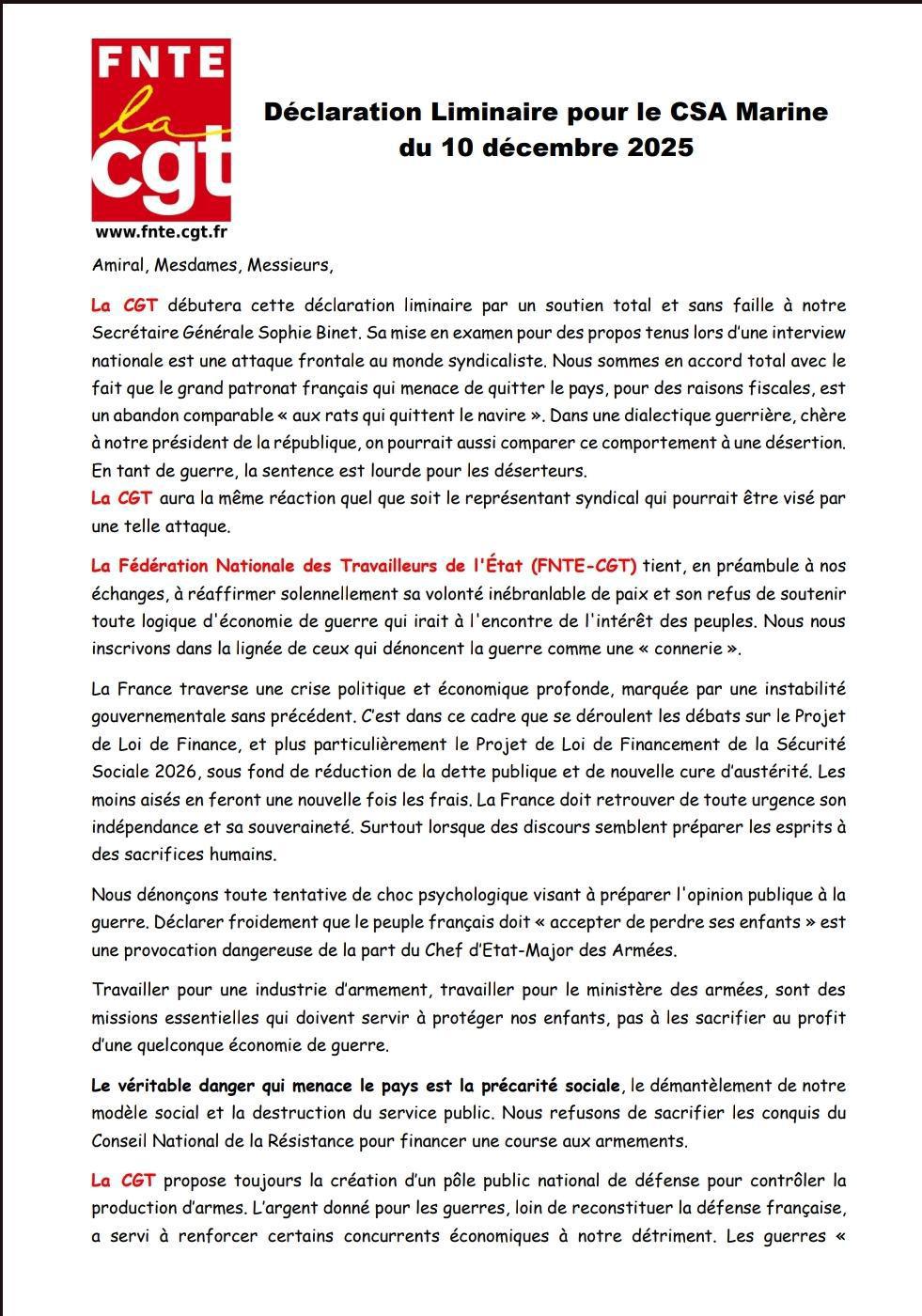 Déclaration Liminaire pour le CSA Marine du 10 décembre 2025