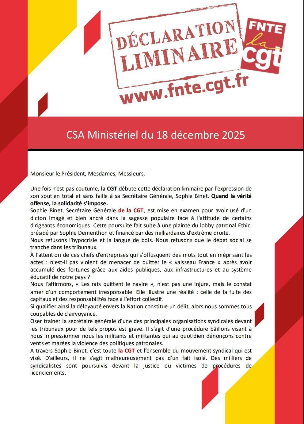 Déclaration LIMINAIRE CSA Ministériel du 18 décembre 2025