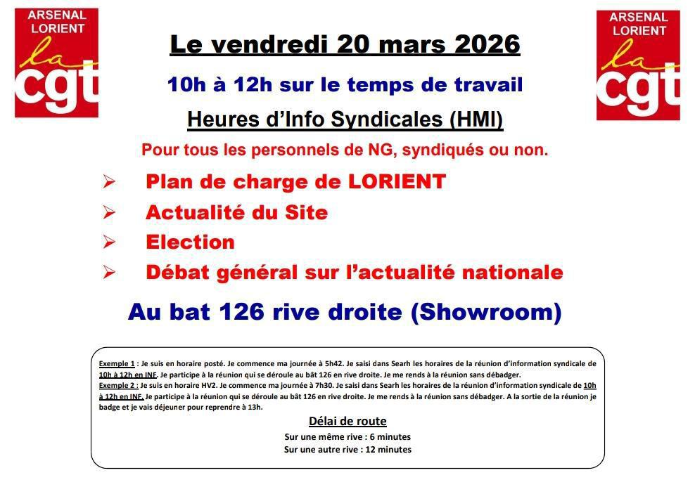 📢 Vendredi 20 mars 2026 📢Heures d'info syndicales pour TOUS les personnels Naval Group 