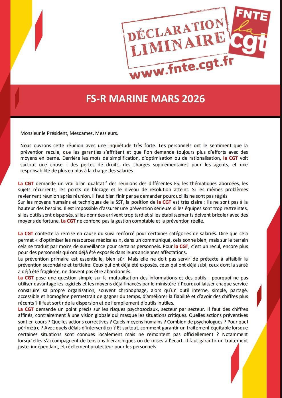 Déclaration Liminaire FS-R MARINE de Mars 2026