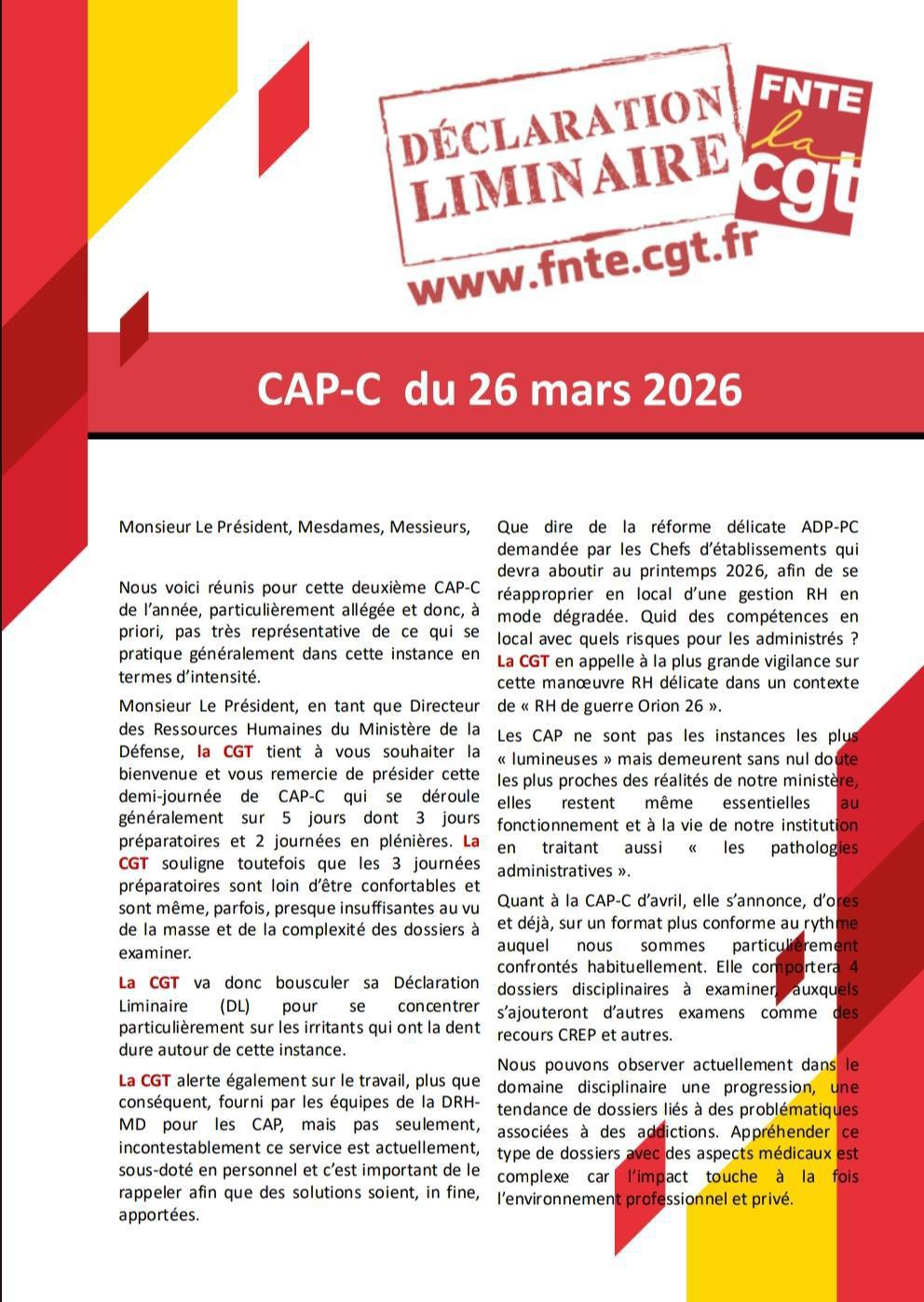 Déclaration Liminaire CAP-C du 26 mars 2026 