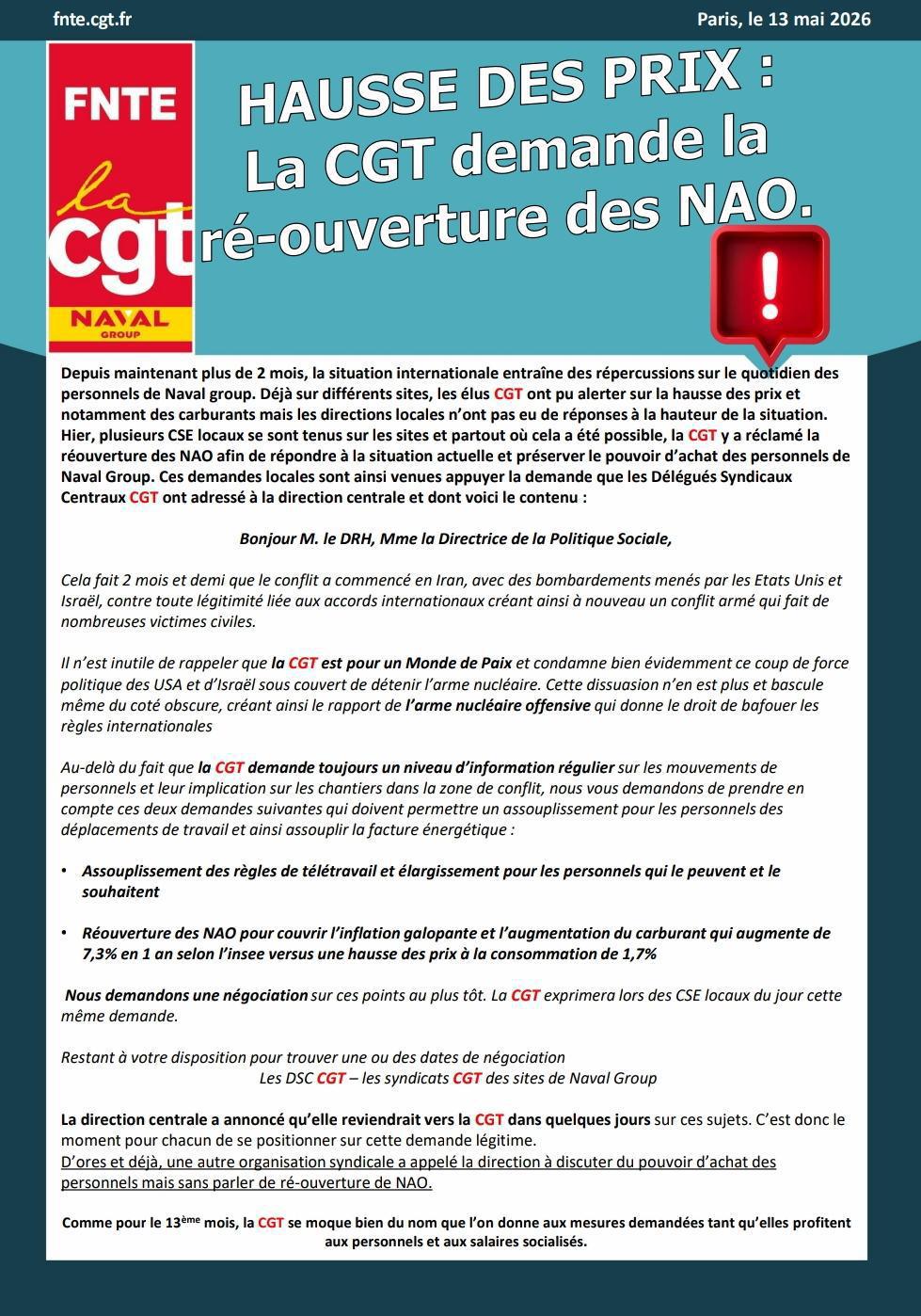 Hausse des prix : la CGT demande la ré-ouverture des NAO. 