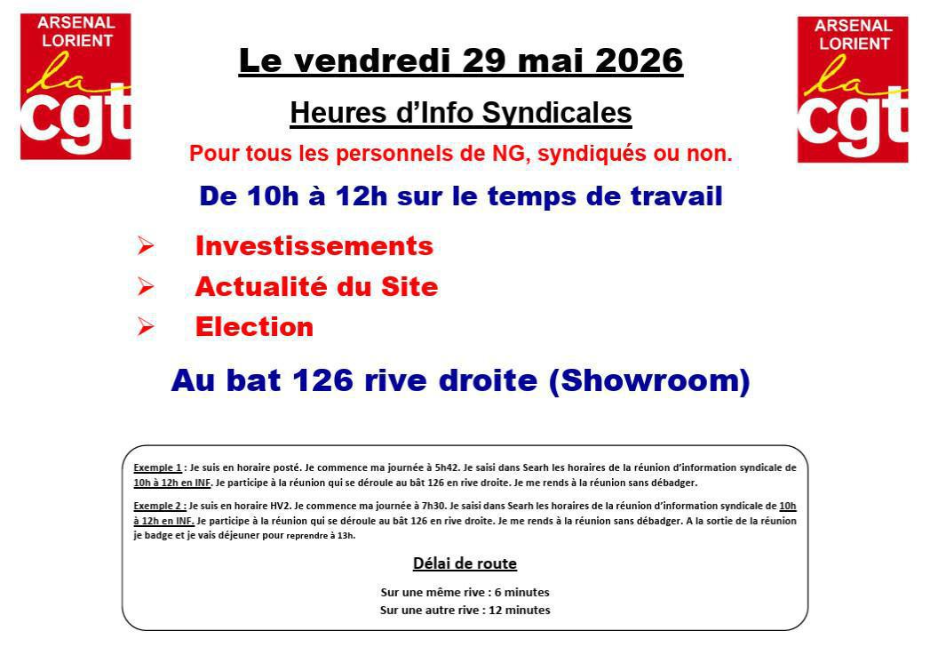 Heures d'info syndicales pour tous les personnels, le Vendredi 29 mai 2026 