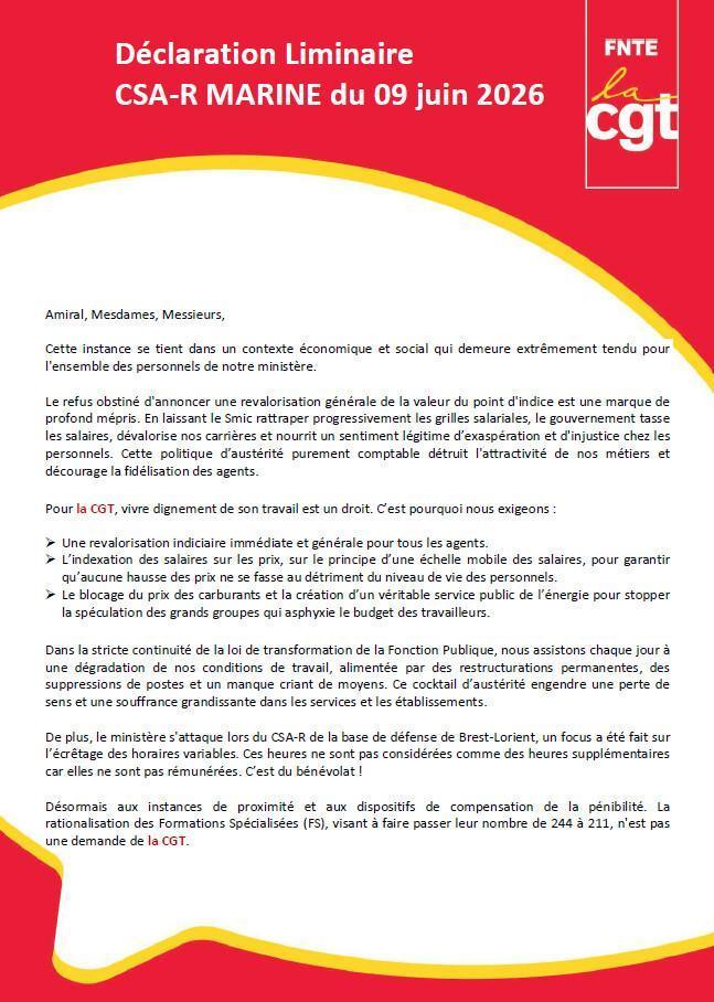 Déclaration Liminaire du CSA-R MARINE du 09 juin 2026