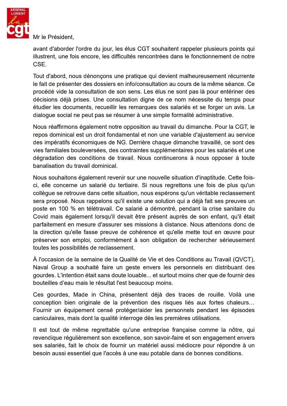 Déclaration Liminaire lue au CSE du 7 Juillet 2026