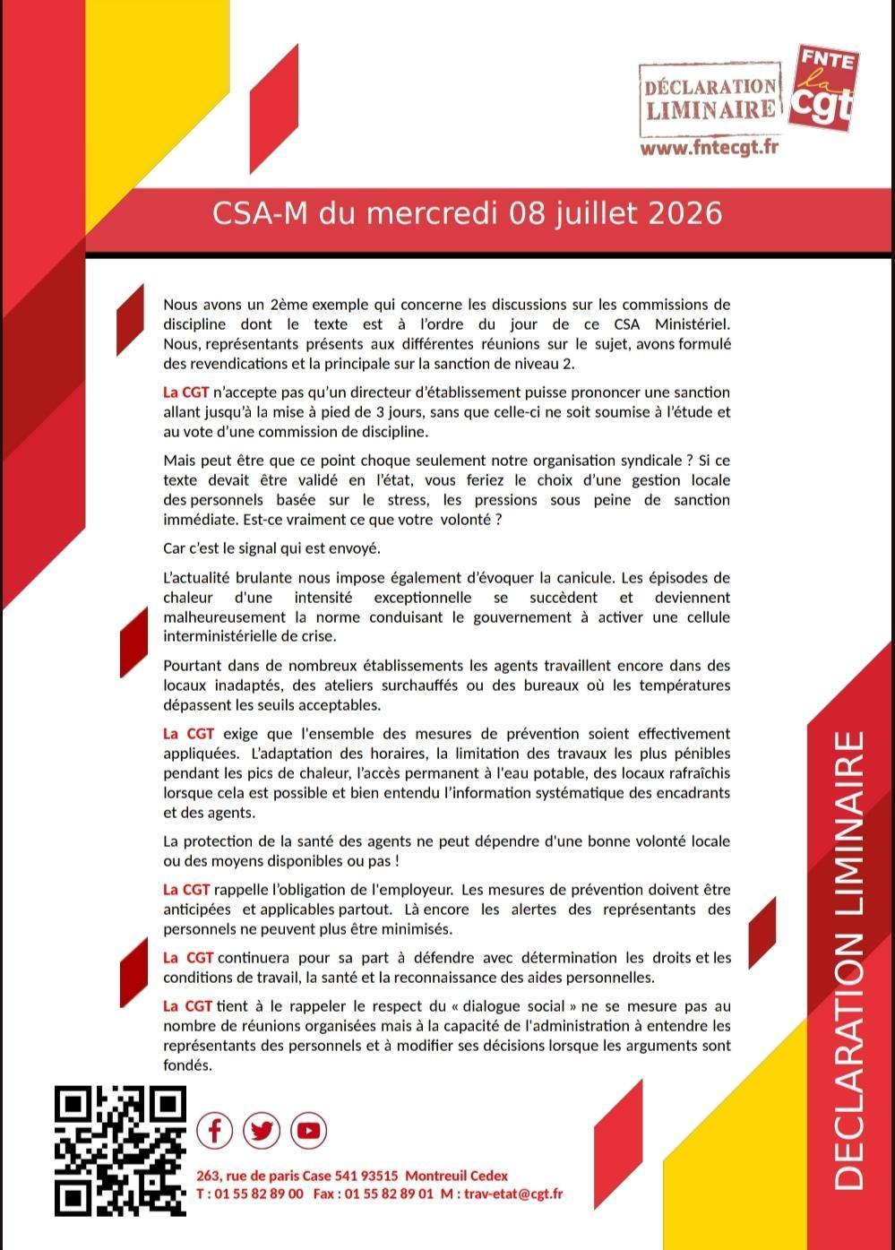 Déclaration Liminaire du CSA-M du 8 juillet 2026