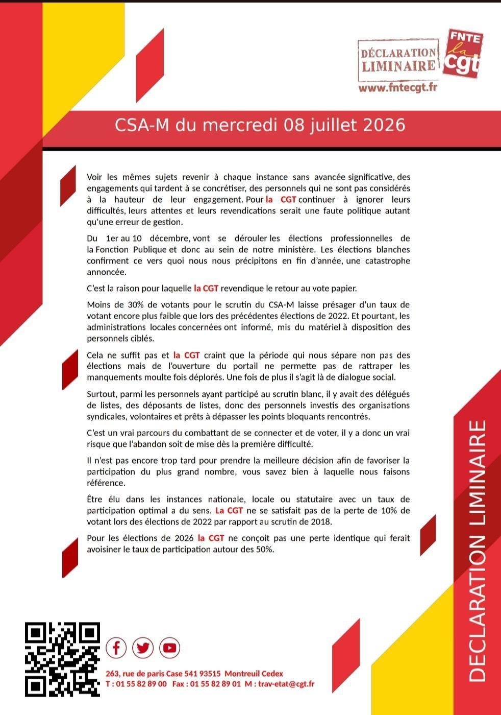Déclaration Liminaire du CSA-M du 8 juillet 2026