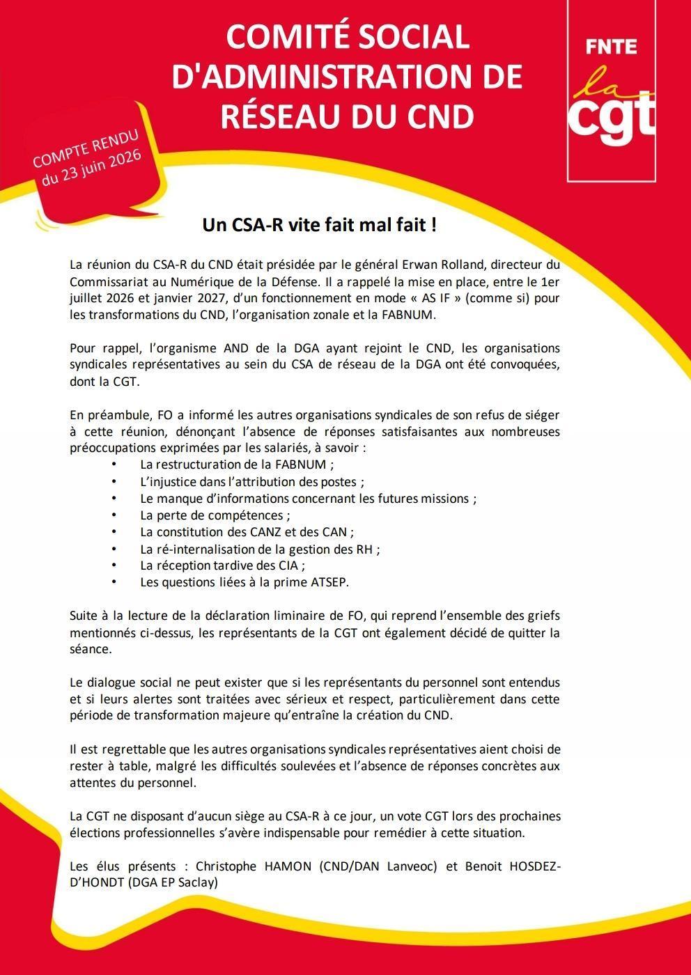 Compte rendu du Comité Social d'Administration de Réseau du CND du 23 juin 2026