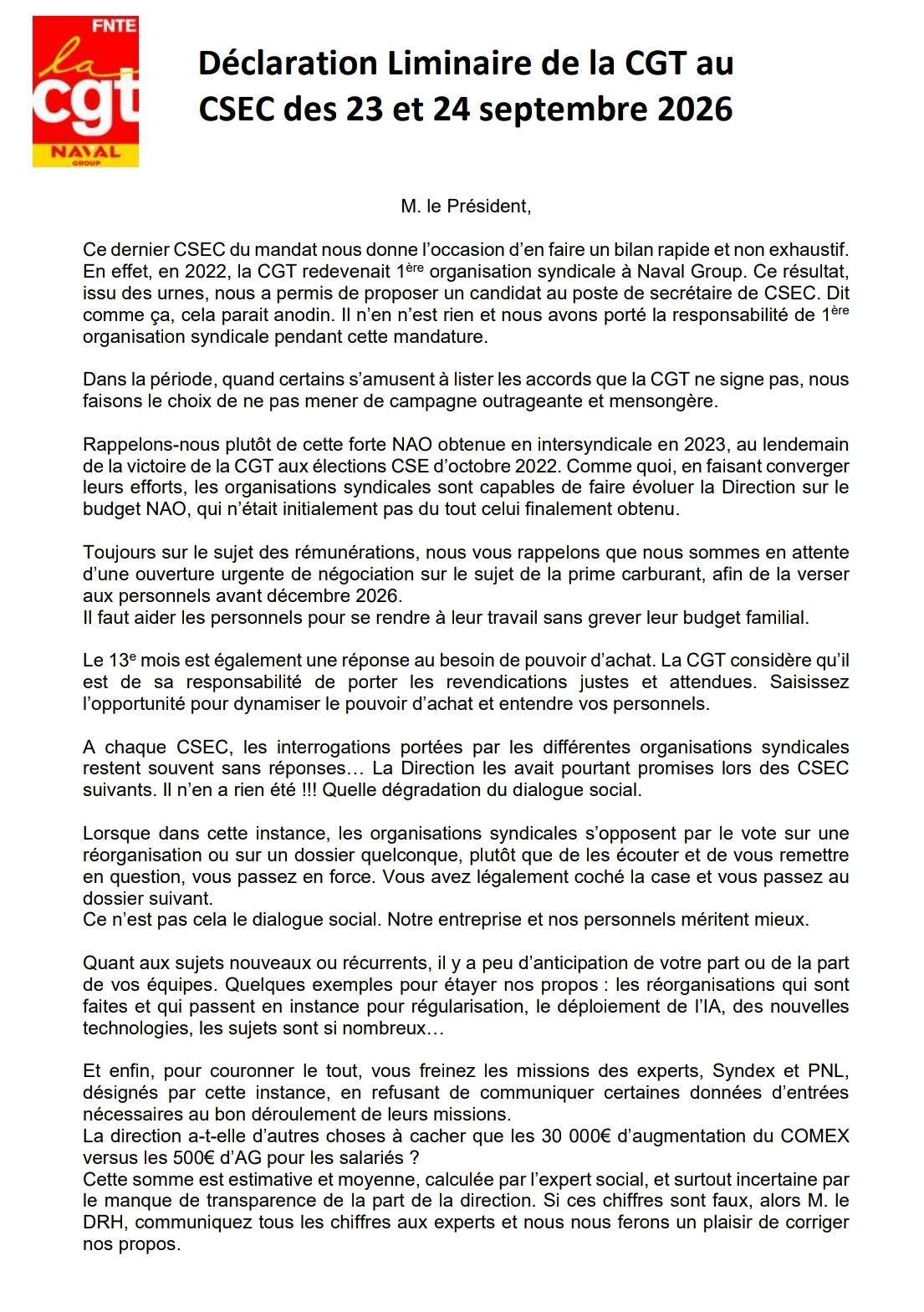 Déclaration Liminaire de la CGT au CSEC des 23 et 24 septembre 2026 