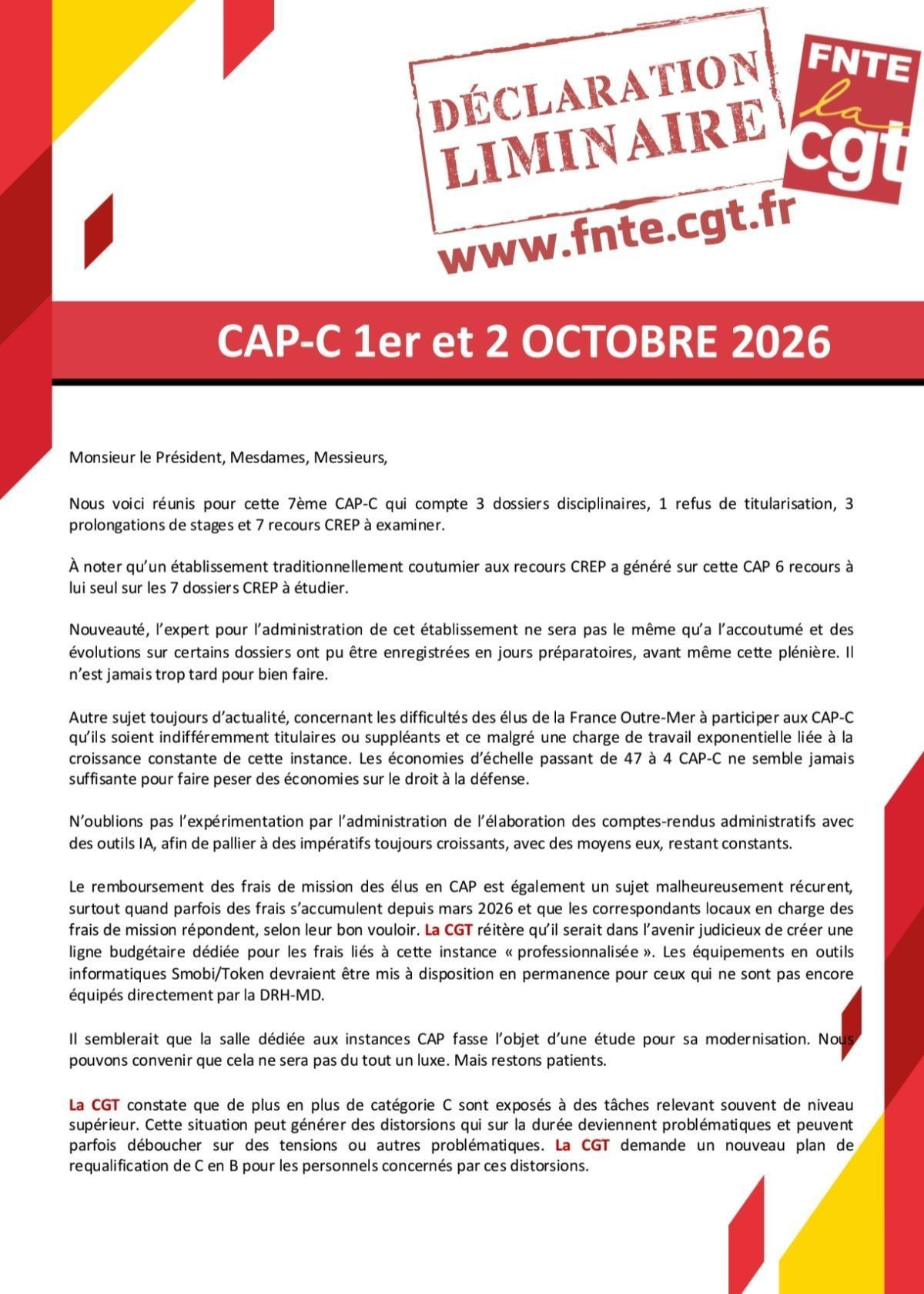 Déclaration Liminaire CAP-C 1er et 2 Octobre 2026