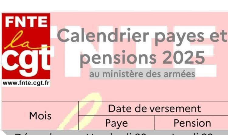 Calendrier payes et pensions 2025 ministère des armées 