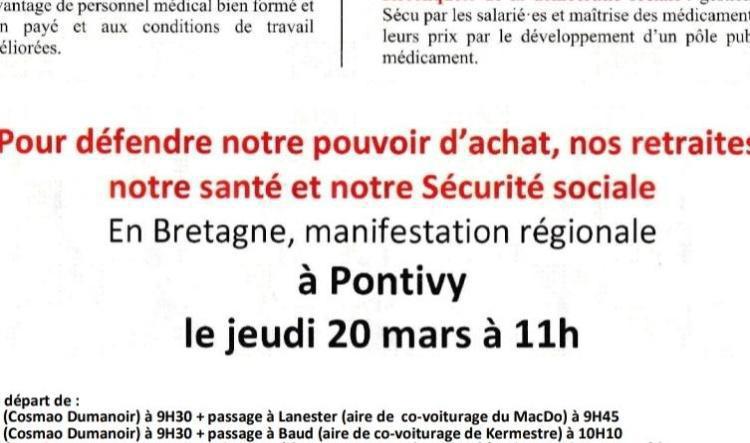 Le Jeudi 20 Mars 2025: Mobilisation à Pontivy pour défendre notre pouvoir d'achat, nos retraites, notre santé et notre Sécurité sociale
