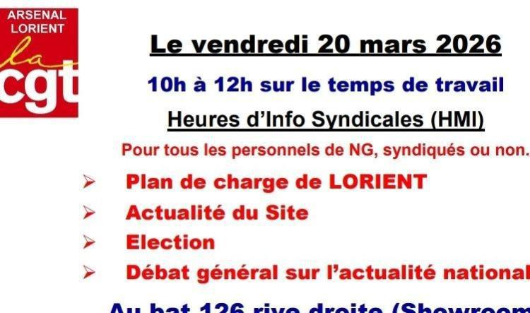 📢 Vendredi 20 mars 2026 📢Heures d'info syndicales pour TOUS les personnels Naval Group