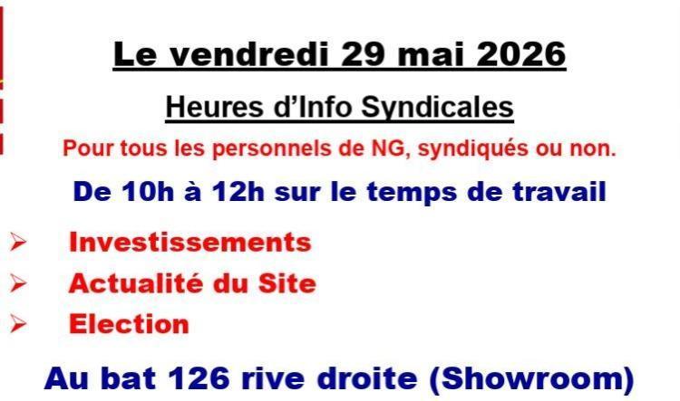 Heures d'info syndicales pour tous les personnels, le Vendredi 29 mai 2026