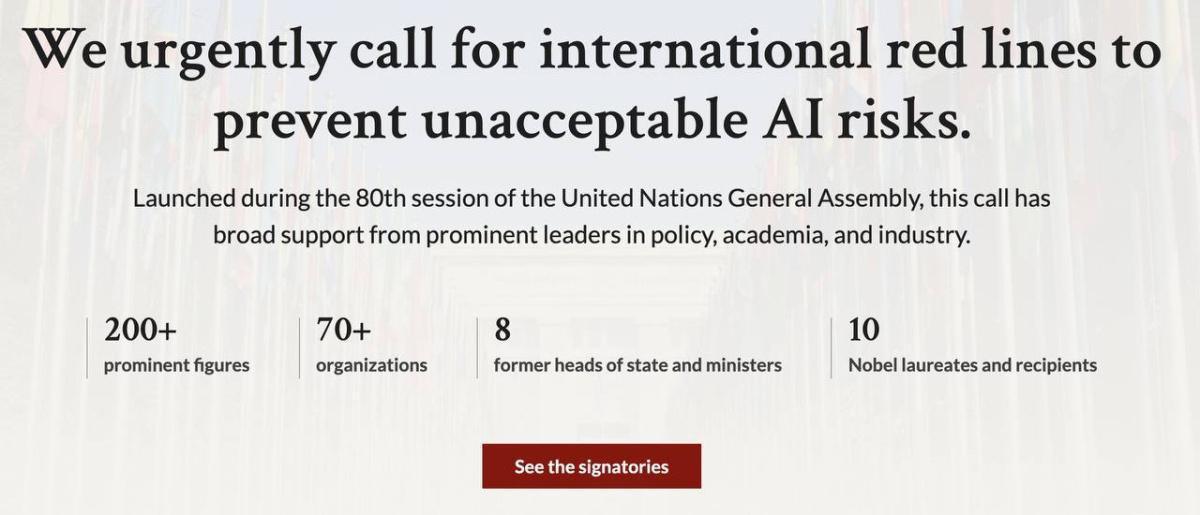 زعماء عالميون وعلماء نوبل يطالبون بخطوط حمراء دولية لتنظيم الذكاء الاصطناعي بحلول 2026 زعماء عالميون وعلماء نوبل يطالبون بخطوط حمراء دولية لتنظيم الذكاء الاصطناعي بحلول 2026