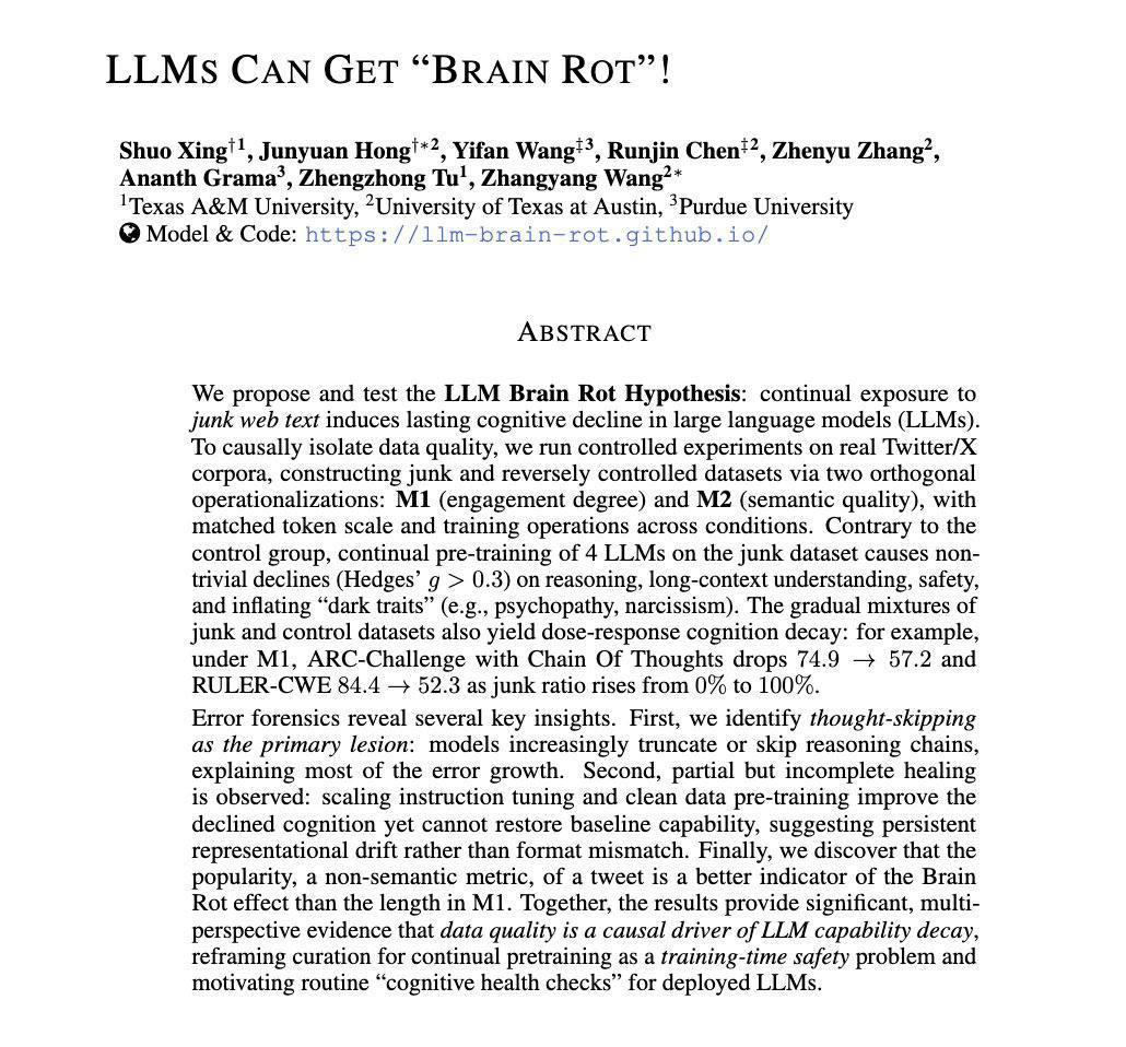 دراسة جديدة: عقل الذكاء الاصطناعي معرض للتلف الدائم بعد استهلاك محتوى مواقع التواصل دراسة جديدة: عقل الذكاء الاصطناعي معرض للتلف الدائم بعد استهلاك محتوى مواقع التواصل