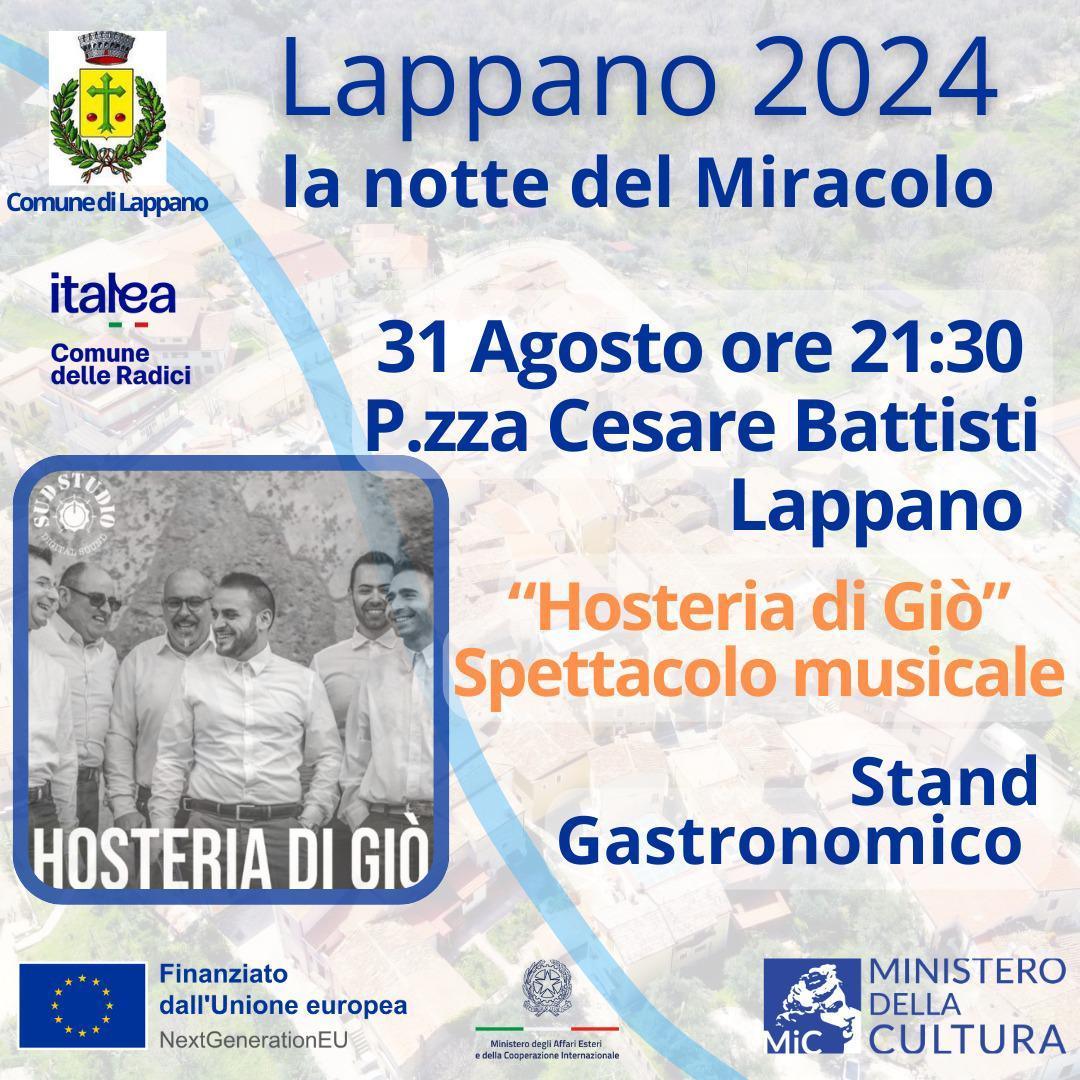 La notte del Miracolo - "Hosteria di Giò" Spettacolo musicale - Stand Gastronomico (inizio ore 21:30)