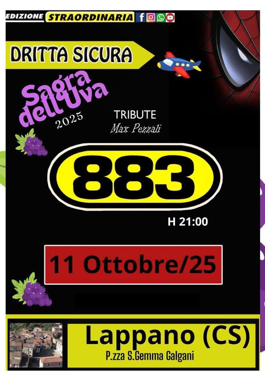 Sagra dell'Uva- Spettacolo Musicale 883 Tribute Max Pezzali Inizio ore 21:00)
