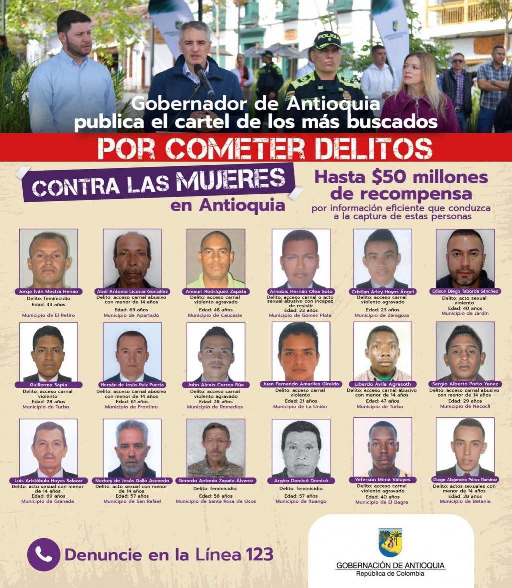 Identificados los 18 hombres más buscados por delitos de violencia de género en Antioquia Identificados los 18 hombres más buscados por delitos de violencia de género en Antioquia