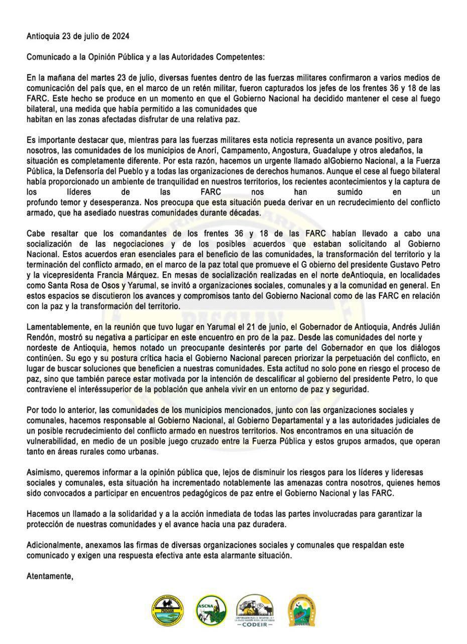 Comunicado Nacional A la Opinión Pública y a las Autoridades Competentes