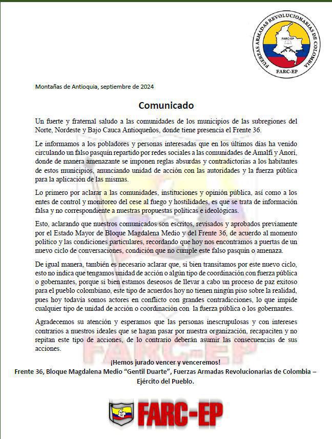 Front 36 Denies Threats in Antioquia Front 36 Denies Threats in Antioquia
