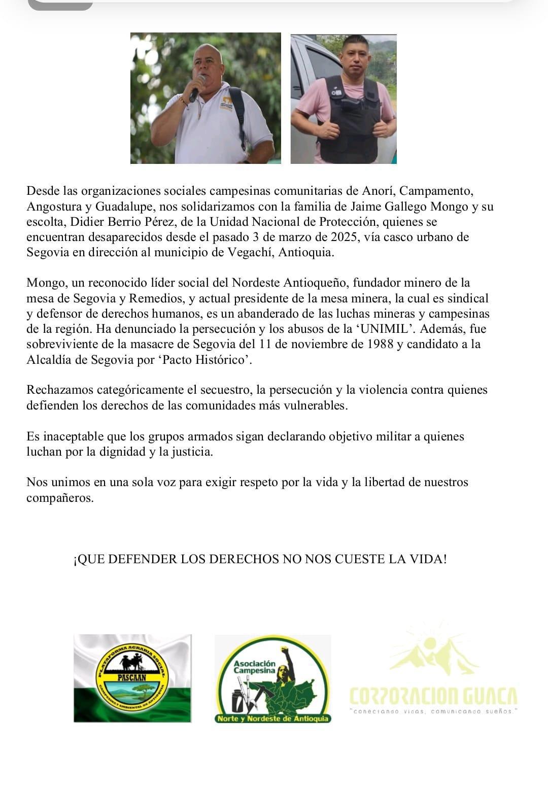 Solidaridad por la Desaparición de Líder Social Jaime Gallego Mongo  Solidaridad por la Desaparición de Líder Social Jaime Gallego Mongo