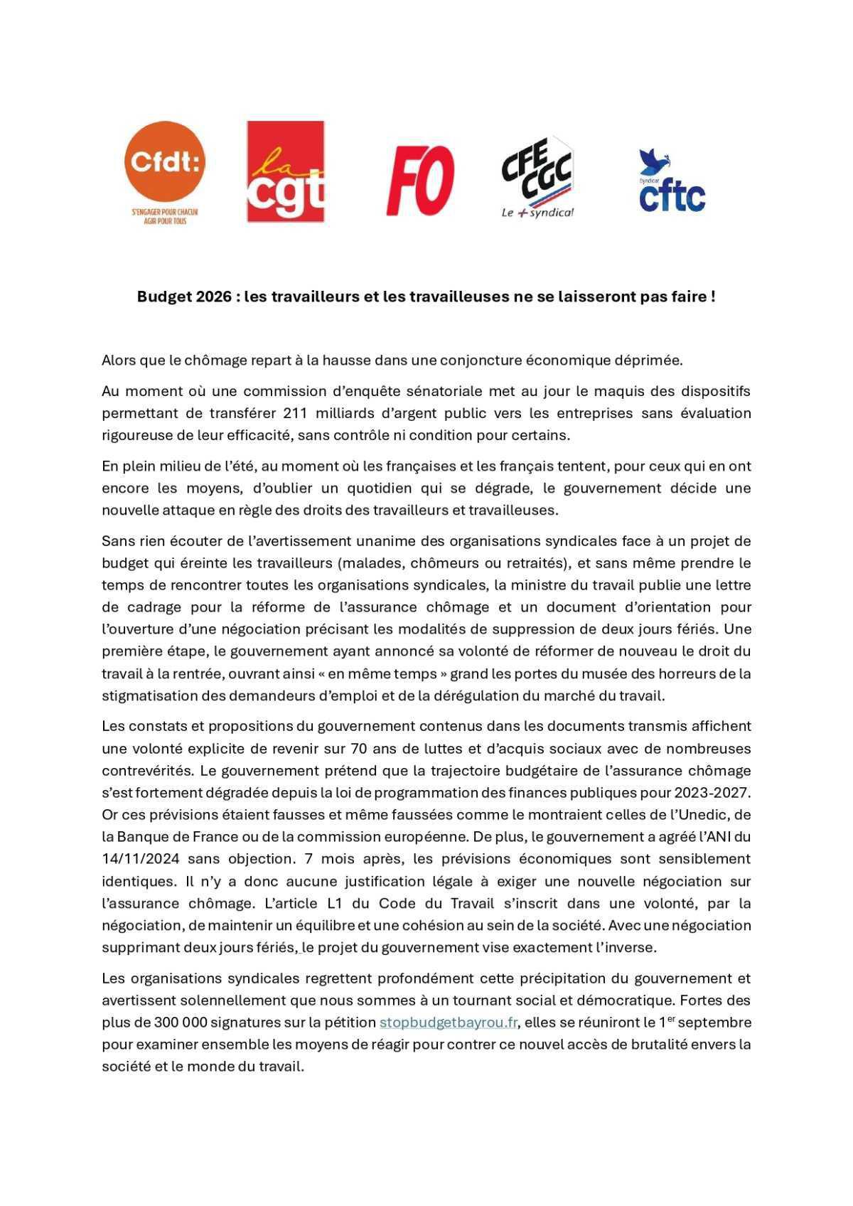 Budget Bayrou - Communiqué de Presse Intersyndical