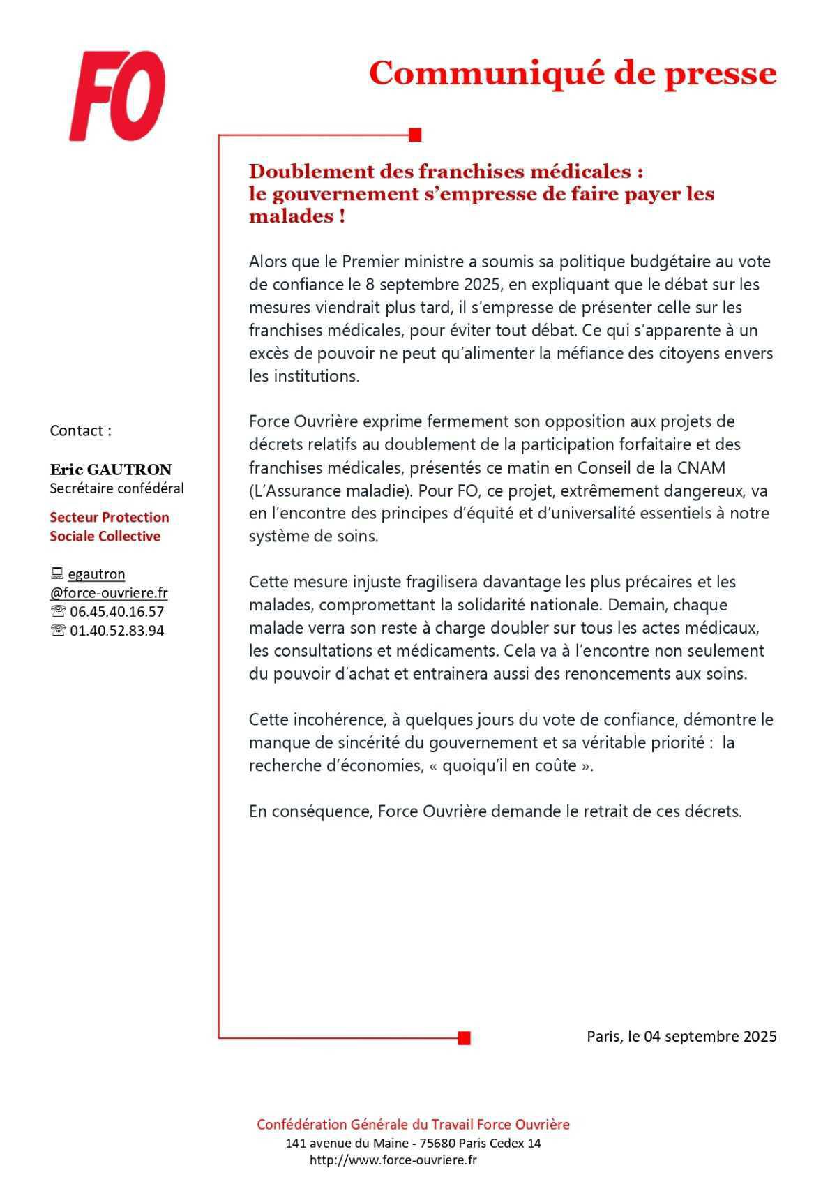 Communiqué de Presse sur le doublement des franchises médicales