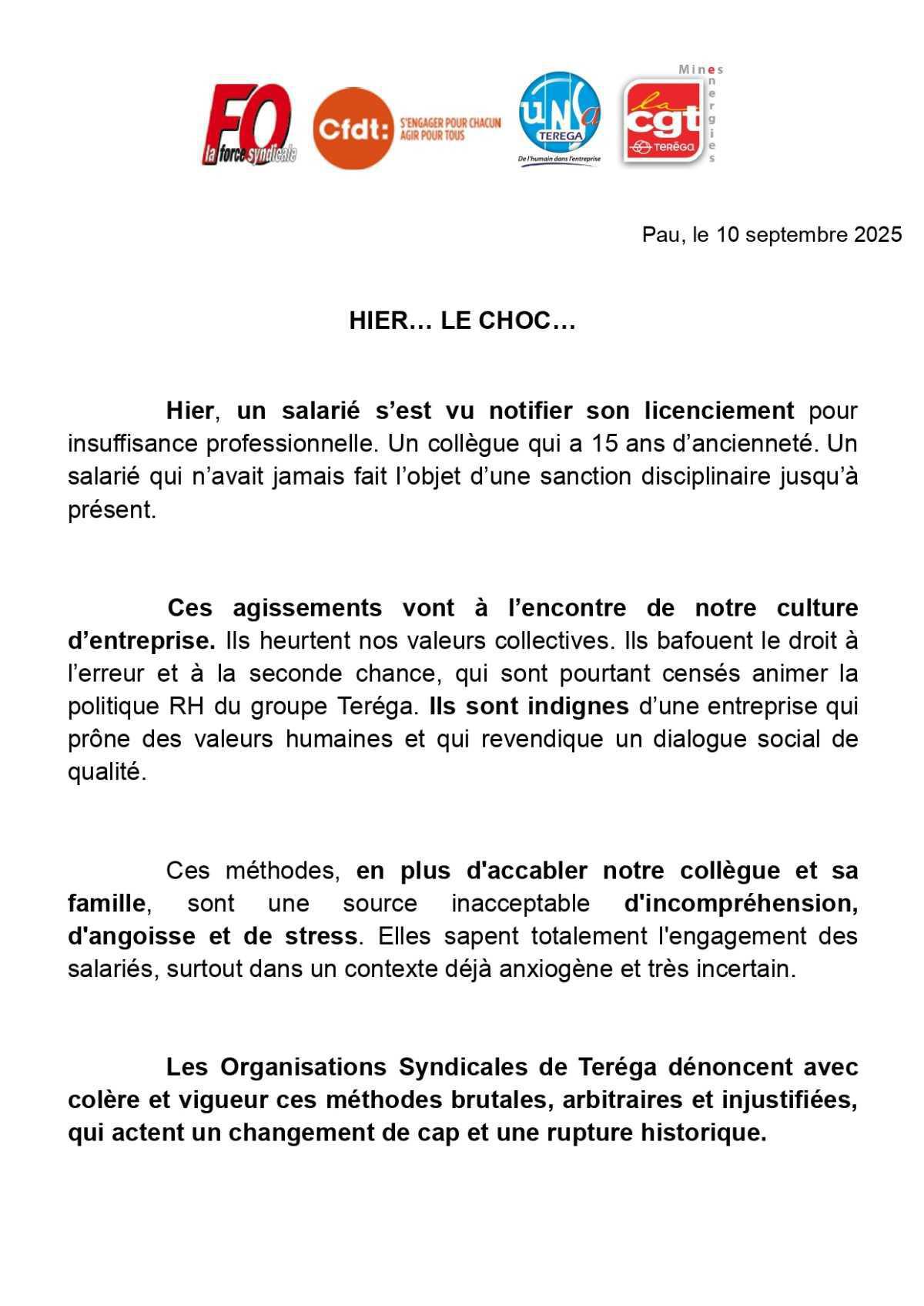 Communication Intersyndicale - licenciement d'un salarié