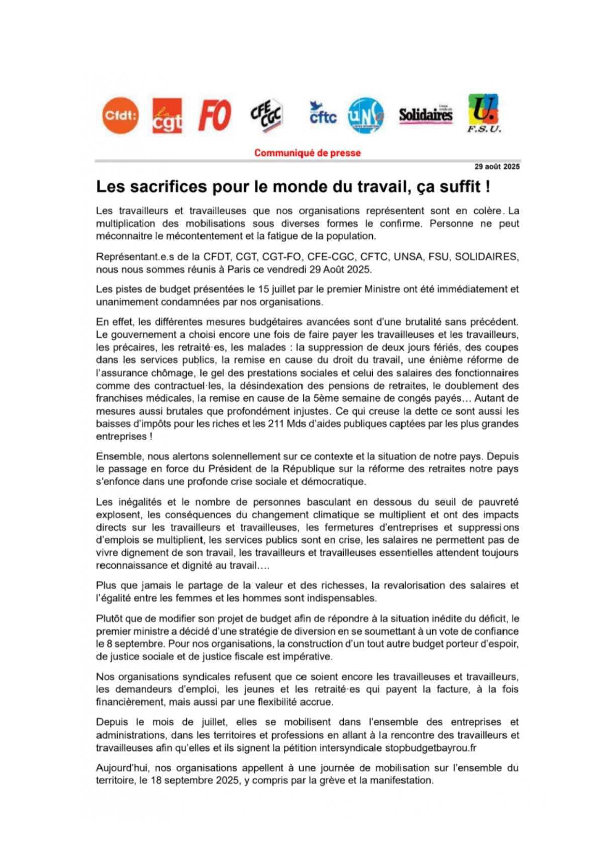 Appel à Mobilisation Nationale - 18 septembre