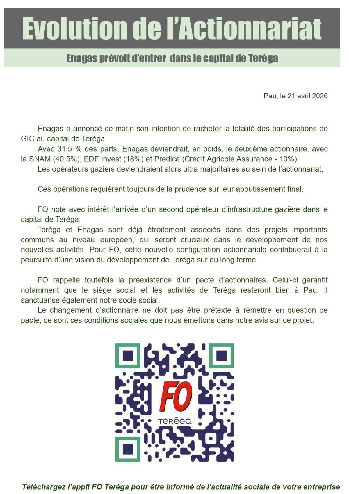 Communication syndicale - évolution de l'actionnariat.