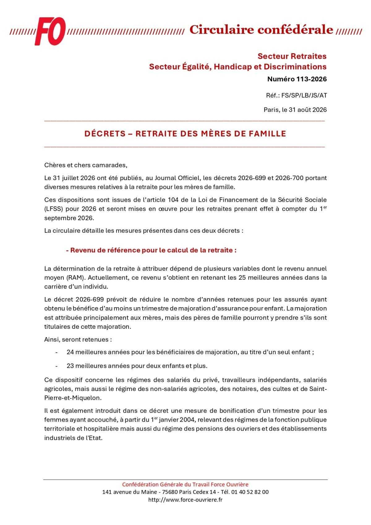 Circulaire : Retraite des mères de famille