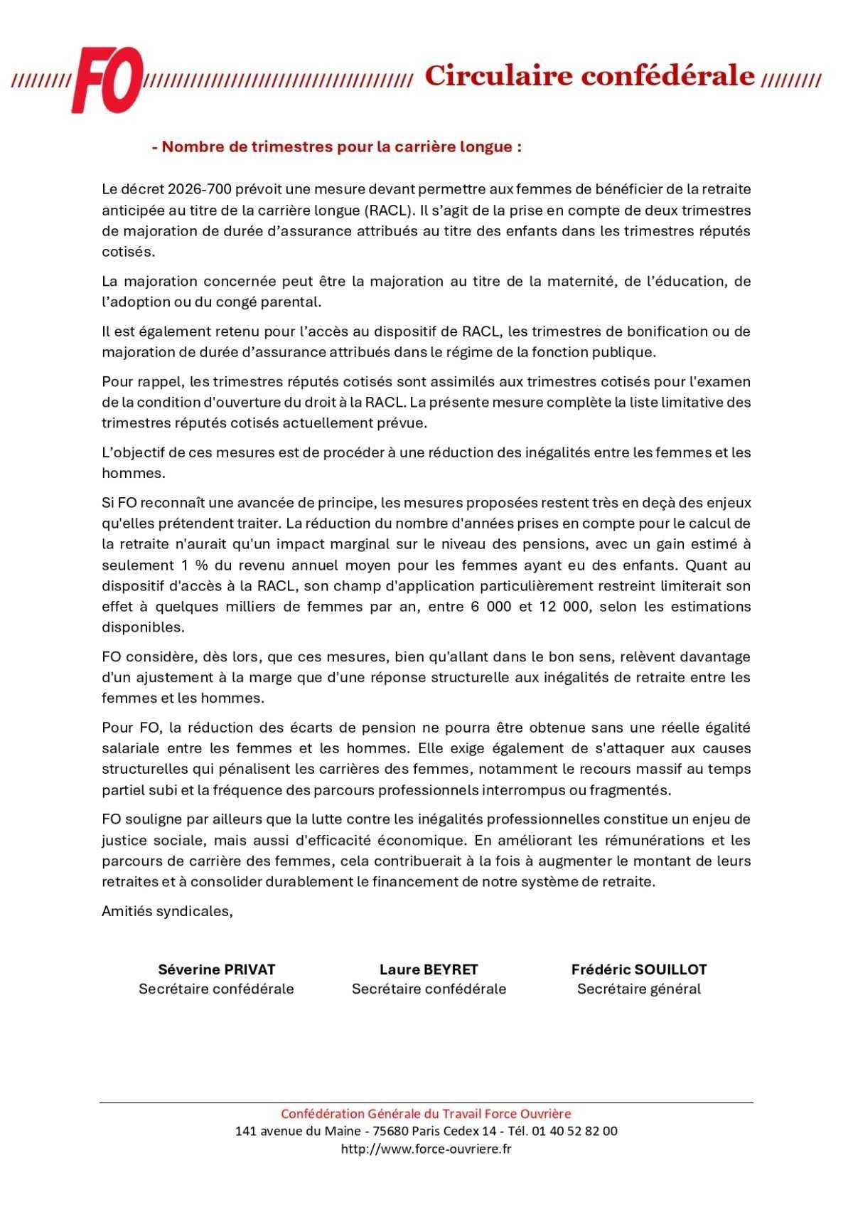 Circulaire : Retraite des mères de famille