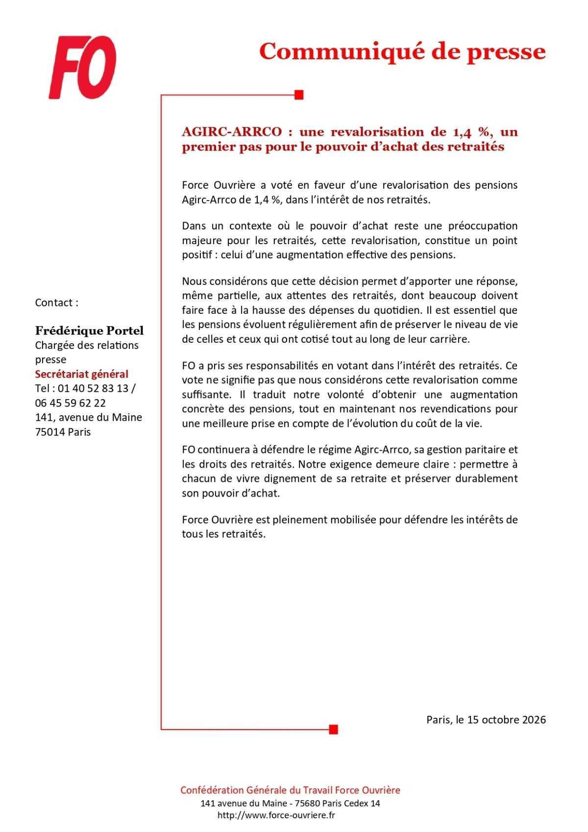 Communiqué de Presse - FO vote la revalorisation du point AGIRC - ARRCO