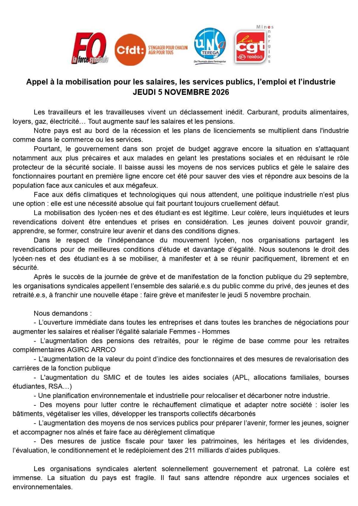 Appel national à la mobilisation - Jeudi 5 novembre