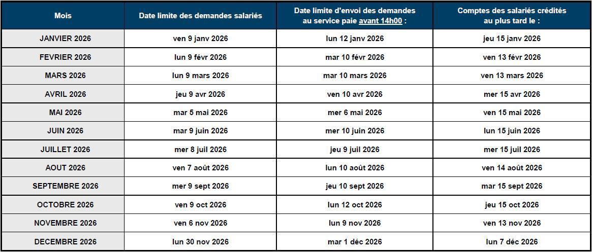 Calendrier Acompte 2026