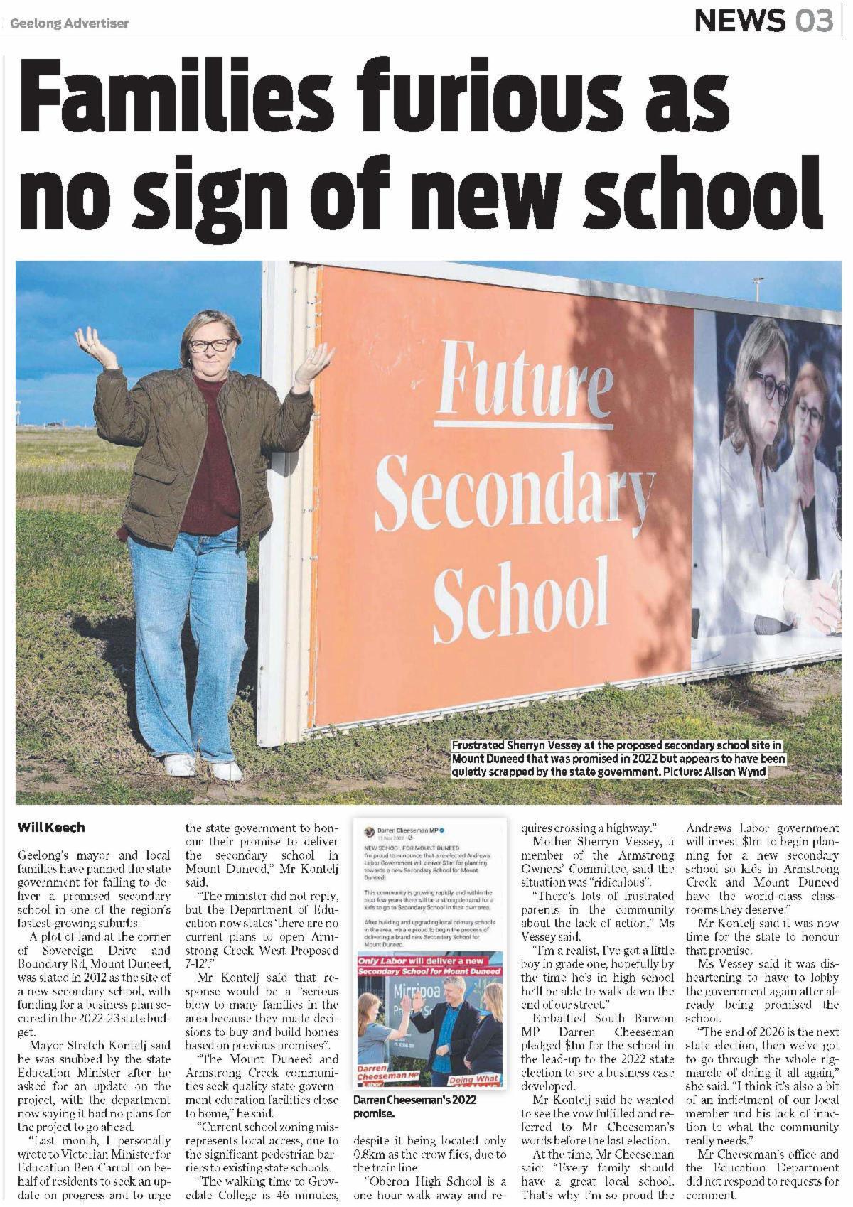 Secondary School at Armstrong - Calling for Armstrong Mt. Duneed residents' help Secondary School at Armstrong - Calling for Armstrong Mt. Duneed residents' help